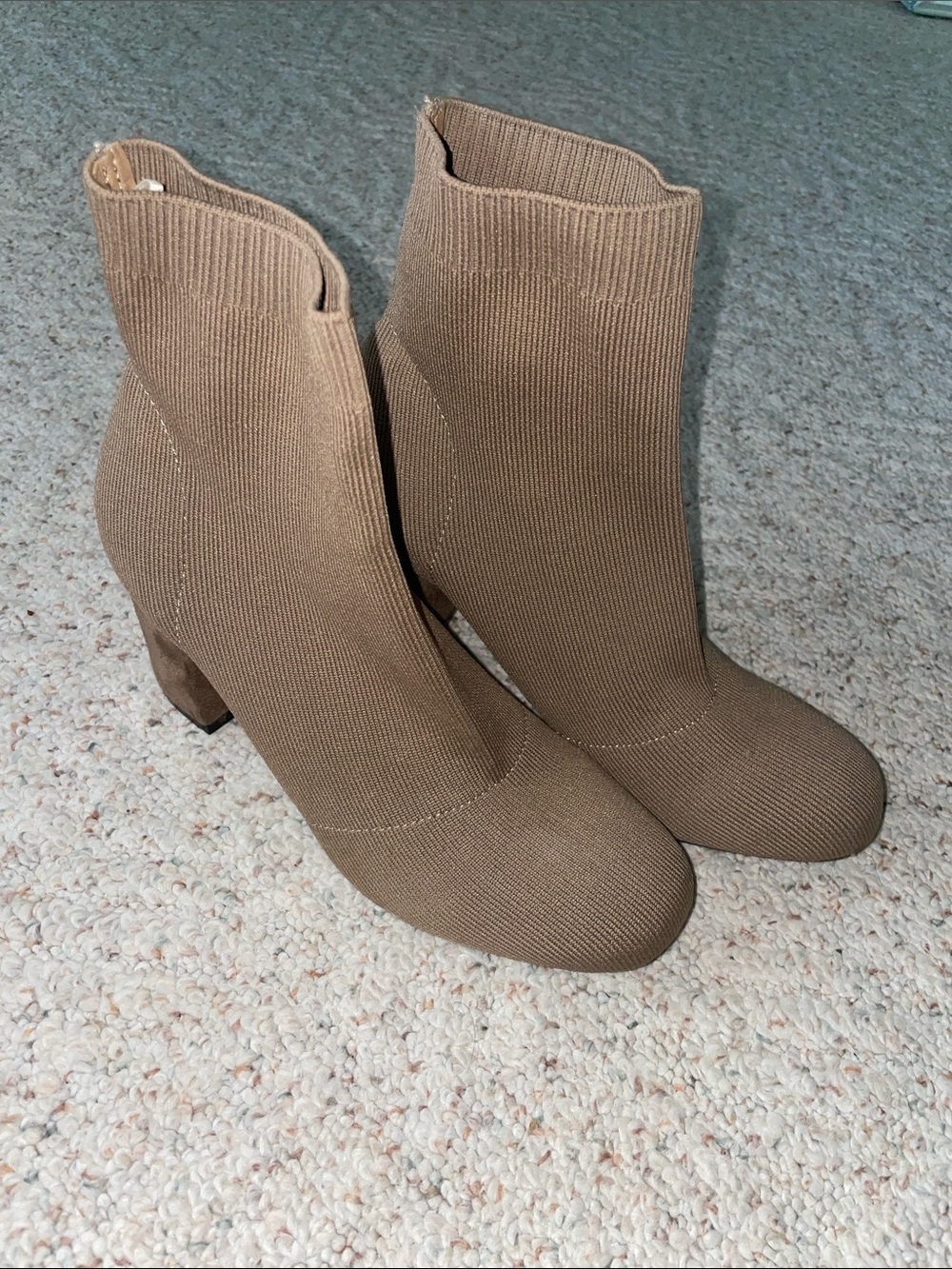MIA Stretch Knit Sock Ankle Boots in Taupe - Women's Block Heel Booties